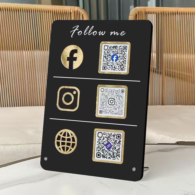 Custom Acrylic QR Code Tabletop Stand Social Media WiFi Business Sign Cafe Restaurant Boutique Metal Wood Branded Unit Apache — view 6