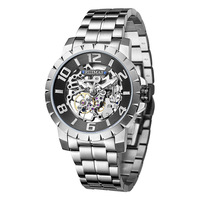 Montre mécanique pour homme, cadran ouvert, lunette crantée, chiffres arabes, aiguilles lumineuses, bracelet en métal