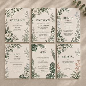Suite de papeterie de mariage en aquarelle botanique verte, cartes en papier floral personnalisées pour invitation, RSVP, menu et remerciements - Product Image 6