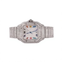 Montre de luxe pour femme à quartz, en acier inoxydable, cadran carré 41 mm, lunette en moissanite, cadran analogique, verre saphir, fermoir à boucle, 10 bars