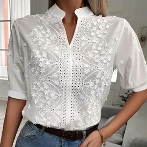 RNSHANGER Summer Floral Embroidery Lace Blouse Fashion Women V Neck Casual Shirt Chic Short Sleeve Hollow Out Elegant Blouses