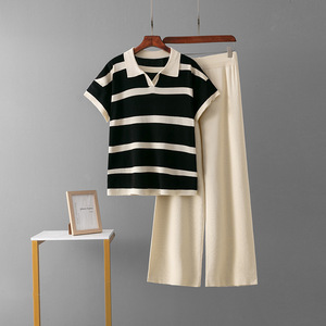 Women's Summer New Casual Fashion Sweater Set Breathable Striped Pattern Knitted Top and Wide Leg <b>Pants</b> with Loose Fit - Product Image 4