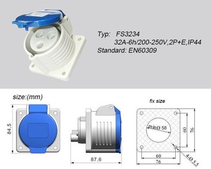 32A 2P + E 3PIN 220V IP44 femelle panneau <span class=keywords><strong>prise</strong></span> monophasée étanche aux éclaboussures industrielle CEE <span class=keywords><strong>prise</strong></span> de montage encastrée FS3234 - Product Image 3