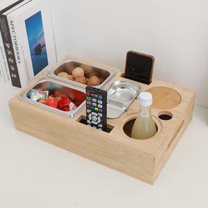 Bamboo <b>Storage</b> <b>Tray</b> With Stainless Steel Compartments Multifunctional Snack And Fruit Organizer For Sofa Use Rectangle Shape - Product Image 2