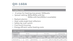 Calentador de Cuarzo QH-160A de 1600W al por Mayor |   Lámpara Radiante de 4 Luces, Eficiente Energéticamente, Antivuelco, Portátil, Independiente, para Oficina y Restaurante - Product Image 4