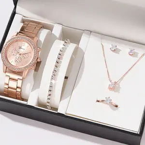 6PCS Set Luxus uhr Damen Ring Halskette Ohrringe Strass Mode Armbanduhr Damen Casual Damen uhren Armband Set Uhr