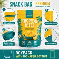 Sachet personnalisé imprimé anti-odeur style tropical pour fruits secs (mangue, durian) – Pochette verticale refermable en VMPET pour snacks