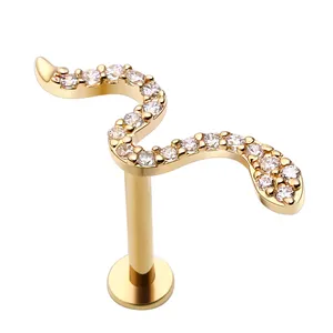 Eternal Metal 14K Solid Gold Threadless Yellow Gold Push Pin Snake Top Labret Ring Body Piercing Jewelry