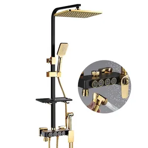 Vintage Design Rainfall Wall Mounted Black&Gold Thermostatic Brass Exposed Shower Set For Bathroom