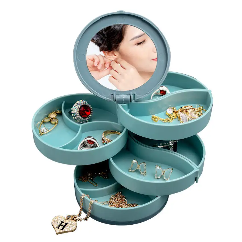 Hot Verkoop Roterende Sieraden Opbergdoos Cosmetica Organizer Met Spiegel Oorbel Ring Sieraden Kist