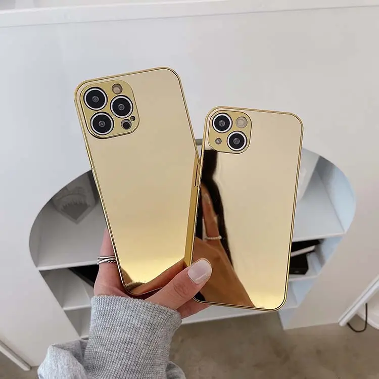 glass mirror gold case for iphone 13 pro max, for iphone 13 aluminum mirror metal cases in gold