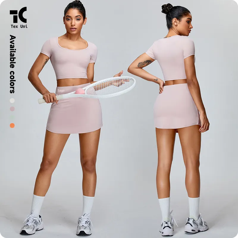 Yaz yeni Yoga giysileri kısa kollu Set kadın moda basit spor etek takım elbise rahat spor A-Line Culottes 2 parça Yoga seti