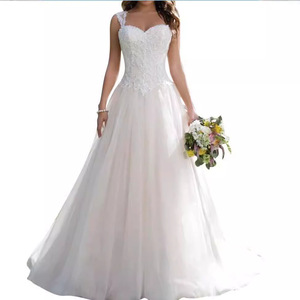 Wedding Dress A-Line V-Neck Lace Tulle White Simple Natural Waistline Short Train - Product Image 1