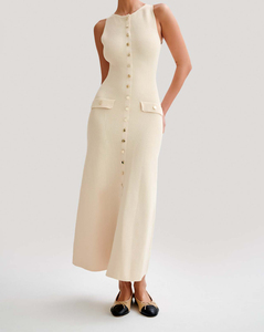 精品性感修身长款针织连衣裙夏季服装女式紧身休闲优雅无袖纽扣针织长裙 - Product Image 4