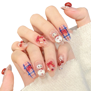 [Decoración de Nieve de Cereza] Uñas Postizas de Dibujos Animados con Diseño de Muñeco de Nieve de Cereza, Uñas Cortas, Lindas y <span class=keywords><strong>Divertidas</strong></span>, con Diseño de Cuadrícula y Lazo - Product Image 1