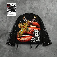 Camiseta de manga larga con cuello redondo y gráfico de santo desgastado estilo vintage Rainbow Spray para hombre, camisetas cortas con pedrería para hombre