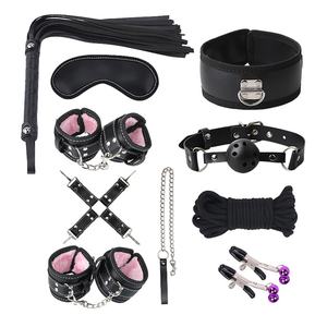 Ensemble de bondage érotique pour adultes BDSM 5 couleurs 10 pièces/ensemble : menottes, pinces à tétons, bâillon, fouet, corde - Product Image 1
