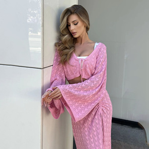 Wholesale Sexy <b>Knit</b> <b>Set</b> Pink Cut Out Swimsuit Cover Up Vacation Style <b>Knit</b> Beach Dress Women's Summer Bell Sleeve Lace-up Loose - Product Image 2