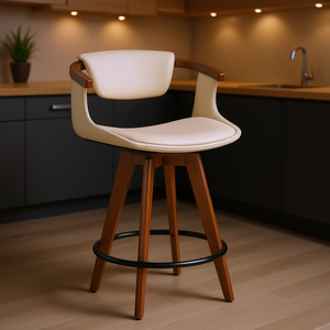 Tabouret de bar Oracle de style moderne du milieu du siècle, structure en bois de noyer, siège en similicuir crème, base stable, usage commercial - Product Image 2