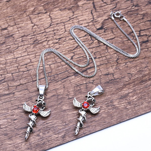 <b>Cross</b> Pendant Necklace With Red Gem Angel Wings Unisex Fashion Jewelry Gift - Product Image 4