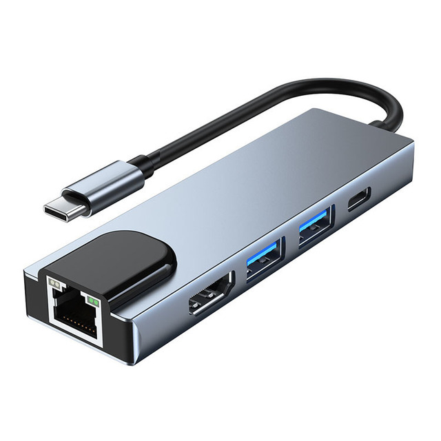 5-in-1 Type C to USB Hub with RJ45 HDMI 4K USB 3.0/2.0 1000Mbps Gigabit Ethernet & PD Charging for Computer Monitor Home iPod