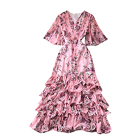 Robe longue d'été en mousseline florale pour femme, col en V, manches volantées, taille cintrée, ourlet superposé à volants, élégante pour les vacances