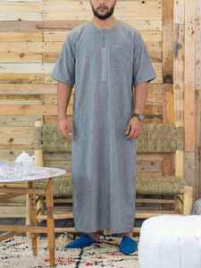 <b>Men's</b> Gray Cotton <b>Thobe</b> Short Sleeve Embroidered Casual Ankle Length Loose Fit Daily Wear Middle East Style - Product Image 1