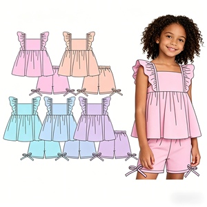 GSD3689 CUSTOM Ensemble d'été rose uni pour petite fille active, avec manches volantes, vente en gros pour enfants - Product Image 1