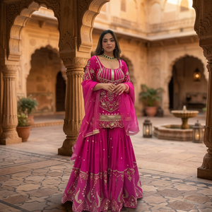 TENNECY New Designer Party Wear Sindoor Silk <b>Top</b> Sharara Plazzo Heavy Butterfly Net Dupatta Set-Wrinkle Free Reversible - Product Image 1