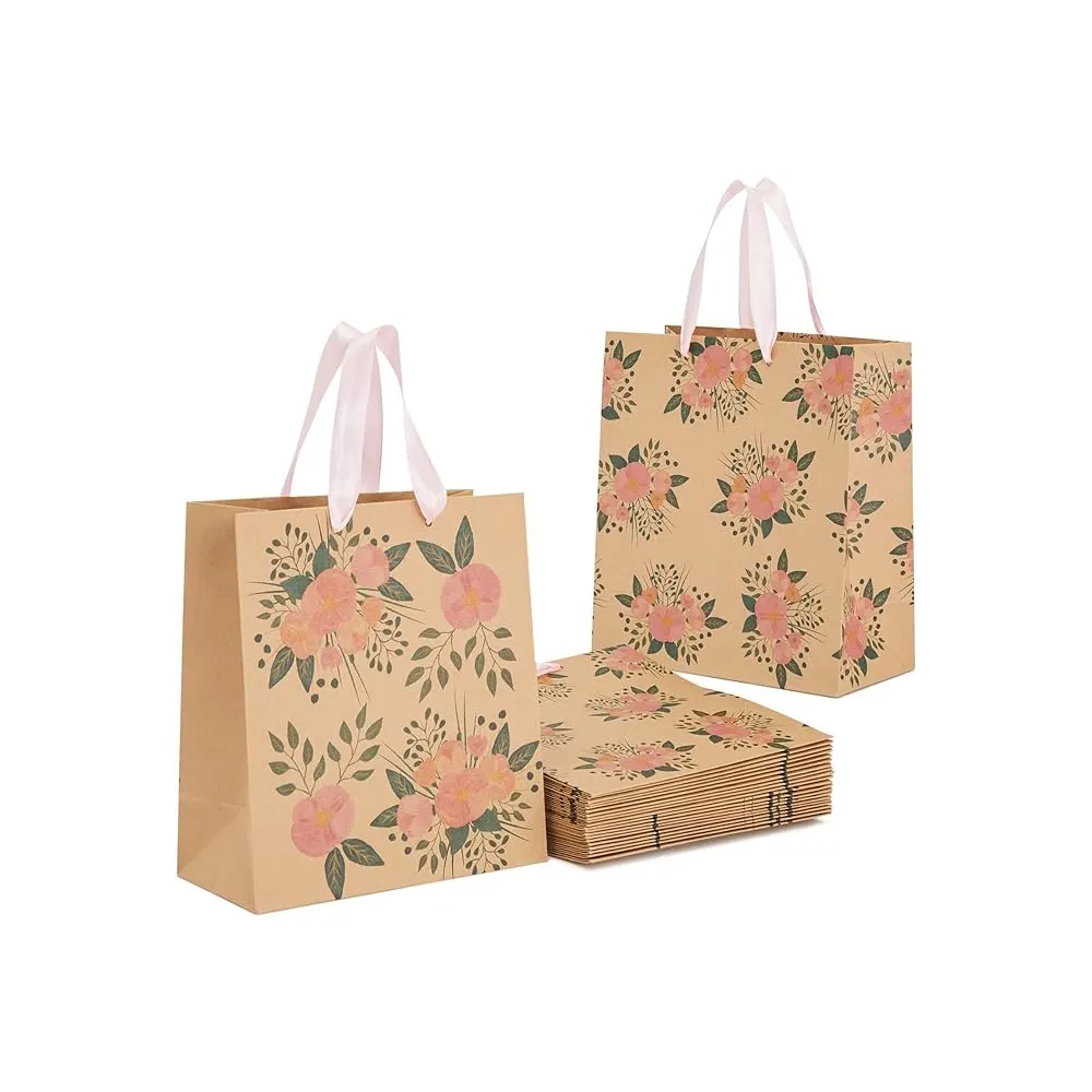 Vente en gros de sacs en papier réutilisables pour cadeaux, emballage, sacs d'expédition en papier, sac à provisions en papier avec poignée en ruban