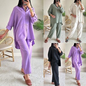 Nuevo Conjunto de 2 Piezas para <span class=keywords><strong>Mujer</strong></span>, Talla Grande, Camisa de Lino y Algodón, Pantalones Holgados de Cintura Alta - Product Image 1