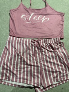 Ensemble pyjama pour femmes, veste à imprimé lettres, short rayé, deux pièces, camisole et short, vêtements de nuit - Product Image 6