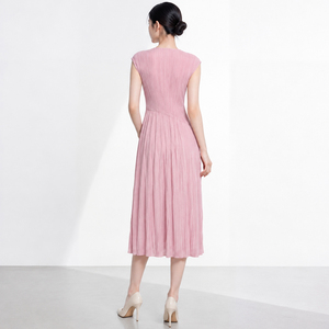 PY Women's Sleeveless Pleated Knee-Length O-Neck <b>Loose</b> Solid Breathable Pink Woven Casual Spring Autumn <b>Dress</b> - Product Image 5