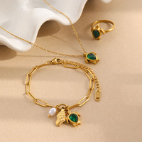 Parure de bijoux tortue en zircon vert, étanche, en acier inoxydable plaqué or PVD, collier, bague, bracelet, bijoux de plage océanique pour femme
