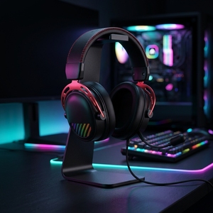 หูฟังเกมมิ่งโลหะสีแดงสไตล์เรโทรแบบขายส่ง พร้อมไฟ RGB แถบยาวหลากสี หูฟังแบบครอบหูแบบมีสาย สำหรับนักเล่นเกมอีสปอร์ต - Product Image 1