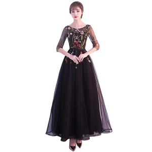 Elegant A-Line Chiffon Evening Dress With Floral Print Scoop Neck Long Sleeve Black And Navy Blue - Product Image 1