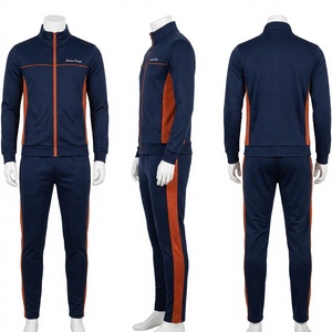 Men's Navy Blue Orange Stripe Tracksuit Set Full Sleeve Zipper Sporty Casual Autumn Wear <b>Polyester</b> Cotton Regular Fit <b>Joggers</b> - Product Image 1