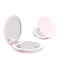 Round Mini Travel Pink Small White Portable Foldable Makeup Led Pocket Mirror with Light