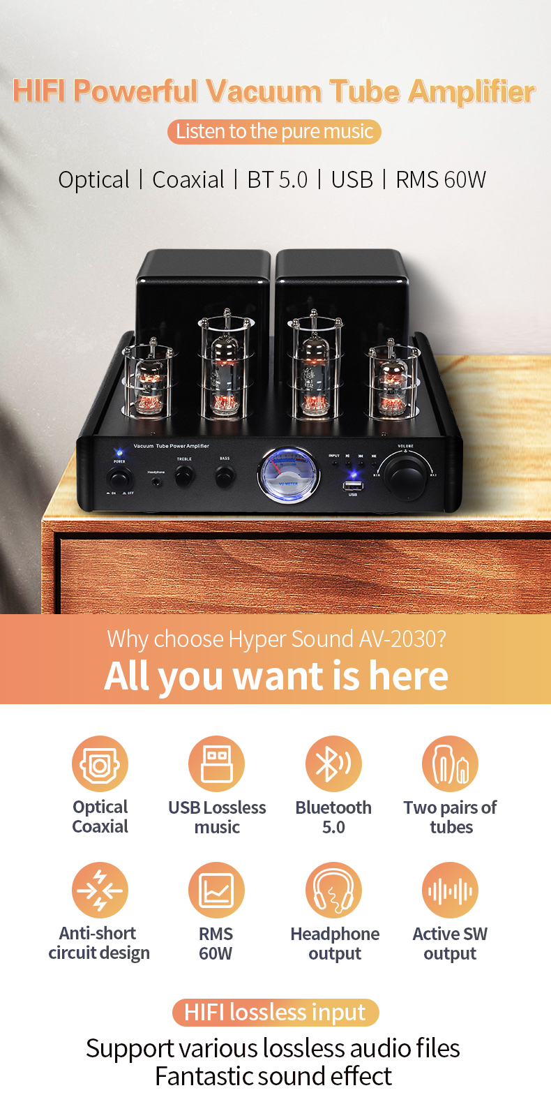 Hi-Fi 2.0 Integrated Tube Amplifier Class AB 60W - OEM