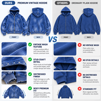 ODM/OEM Personnalisé Sweat à capuche pour homme en molleton bouclette, entièrement zippé, coupe courte, style streetwear, délavé à l'acide, effet vieilli et effiloché, avec broderie et clous