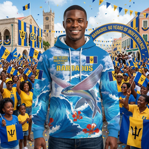 Sweat à capuche personnalisé Barbados Fish Flying avec motif Vague de <span class=keywords><strong>mer</strong></span> agitée, personnalisez votre logo et votre numéro, pull bleu drapeau des Barbade - Product Image 1