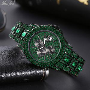 Reloj de Pulsera Hip Hop de Lujo con Incrustaciones de Cristales, Cronógrafo, Esfera Verde, Correa de Cristal, Ventana de Calendario, para Hombre - Product Image 3