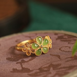 Mayflower Ring Women's 18k Gold Plated Flower Shape Jade Inlay Prong Setting Gift Jewelry - Product Image 2