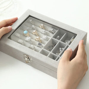 Velvet Jewelry Box Gray Beige Flip <b>Top</b> Ring Necklace <b>Earring</b> Storage Organizer Dustproof Jewelry Case - Product Image 1