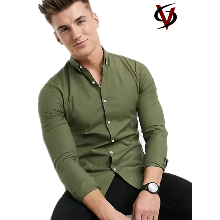 Formal Dress Shirts 93% Cotton 7% Elastane Long Sleeve Muscle Fit Shirt in Green