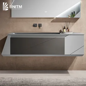 BNITM Foshan Modern Design Wall Mounted Bathroom Vanity Artificial Stone Washbasins With LED Makeup Mirror Home Application