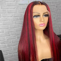 Produits Phares 2024 : Perruque Lace Front Noire et Rouge avec Mèches, Sans Colle, Fermeture HD Complète, Cheveux Indiens Bruts Alignés dans le Sens des Cuticules