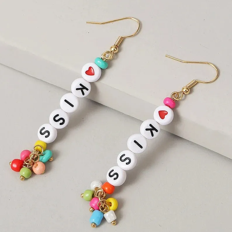 Popular Custom Letter Beads Earrings Kiss MOM LOVE Lucky Heart Earrings Creative Seed Beads Earrings Womens Jewelry