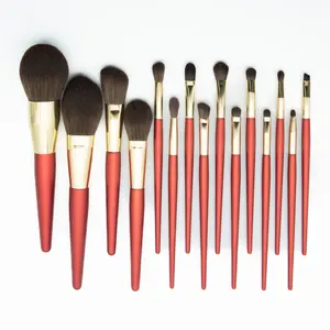 2024 New High Quality 15-Piece China Red Vegan Makeup Brush Set With Wood Handle Custom Logo Cover Daily Face Foundation Makeup