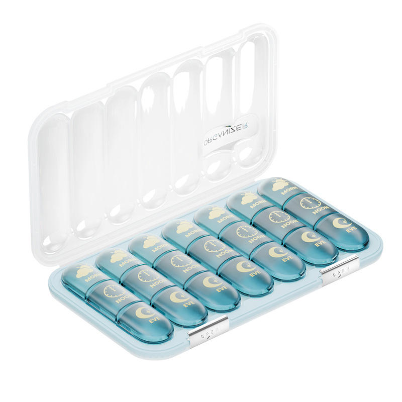 Pilulier 21 compartiments [étiquette anglaise bleu transparent]